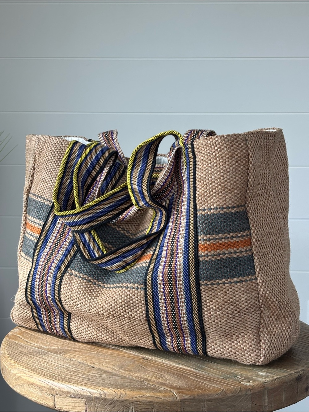 Maison Bengal Jute Club Tote Bag Shoulder Strap Handles Large Natural Tan Stripe - Picture 5 of 16